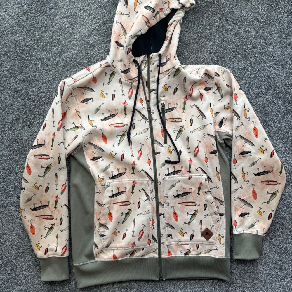 Burton Dryride Mens Large Fishing Lure Print Full Zip Hoodie Olive Tan Pinup